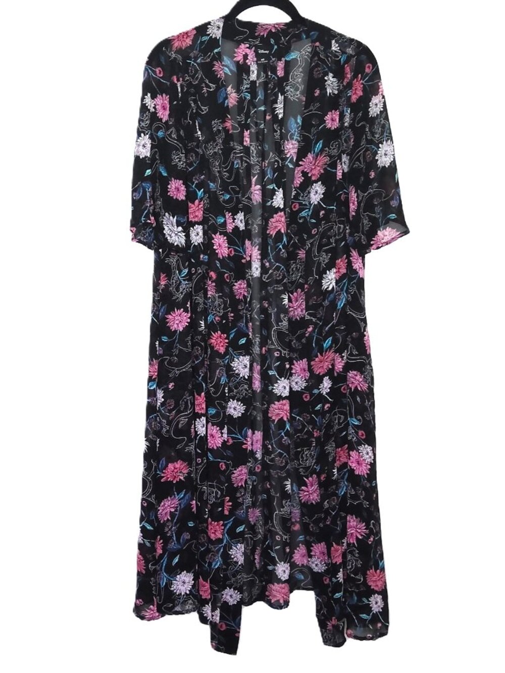 Rare Disney Long Flowy Kimono Robe Floral on Black Sheer Light Chiffon 2018 Sz M